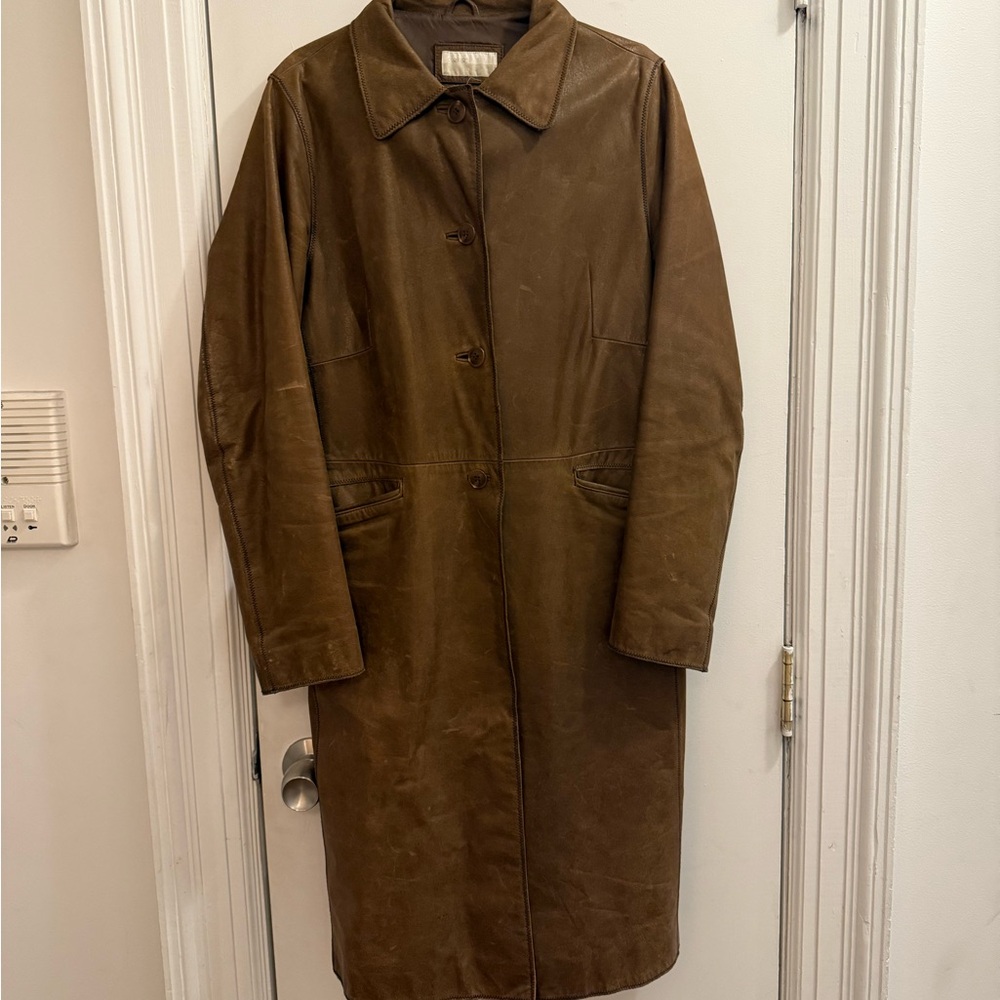 CLOSED Brown Leather Long Trench Coat